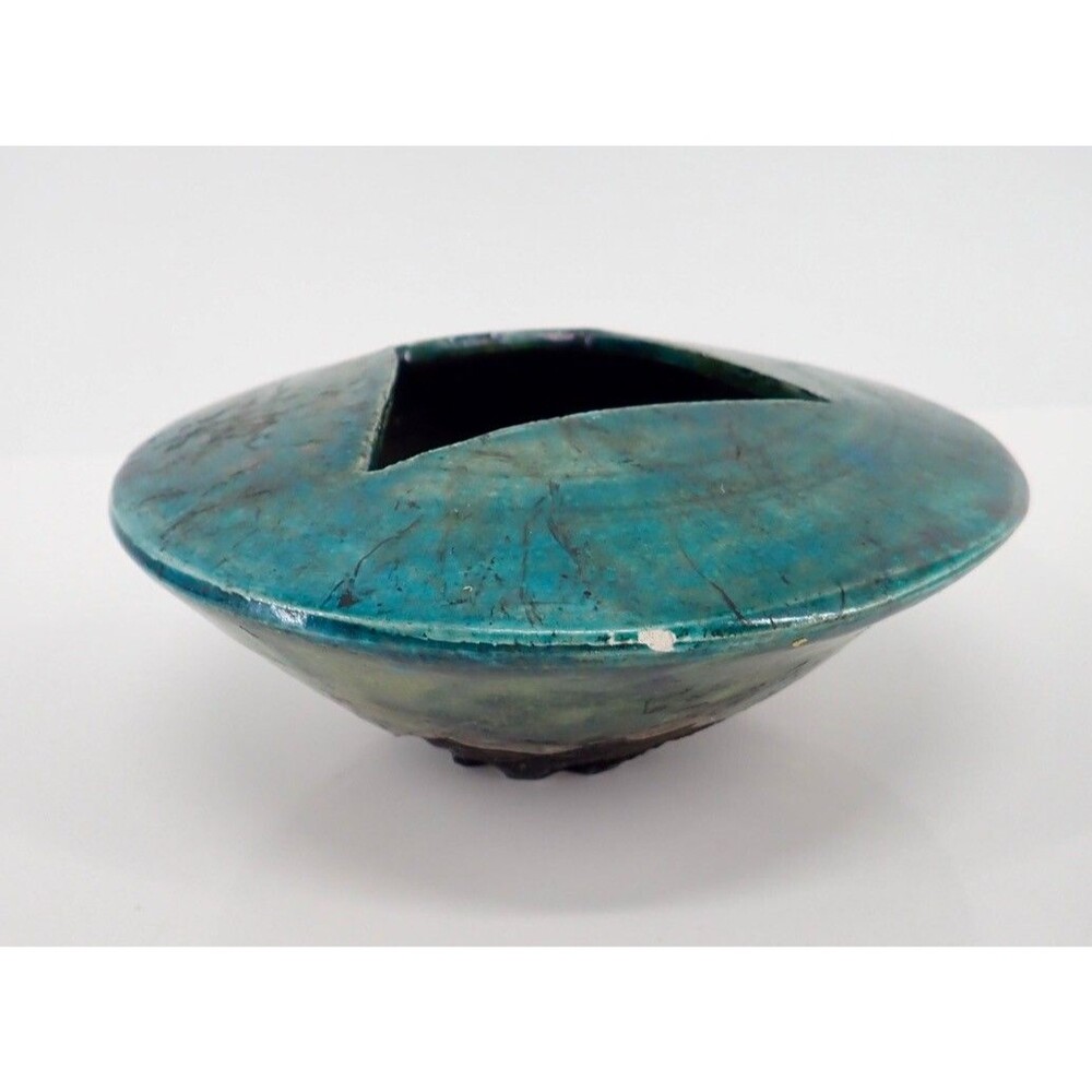 Turquoise Blue Signed Raku Sculpture Pottery Vase Bowl Iridescent Drip Glaze 8" - Picture 2 of 16